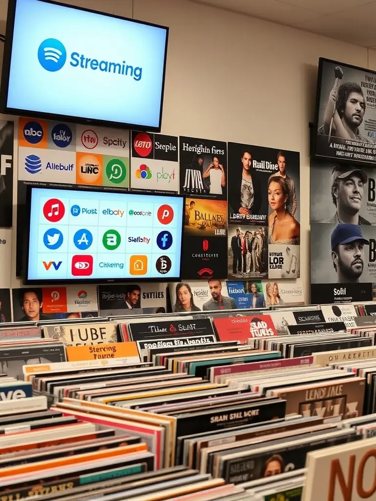 An image depicting various music distribution channels, including online streaming platforms, physical record stores, and promotional materials, illustrating ICON PROPAGANDA's extensive distribution network.