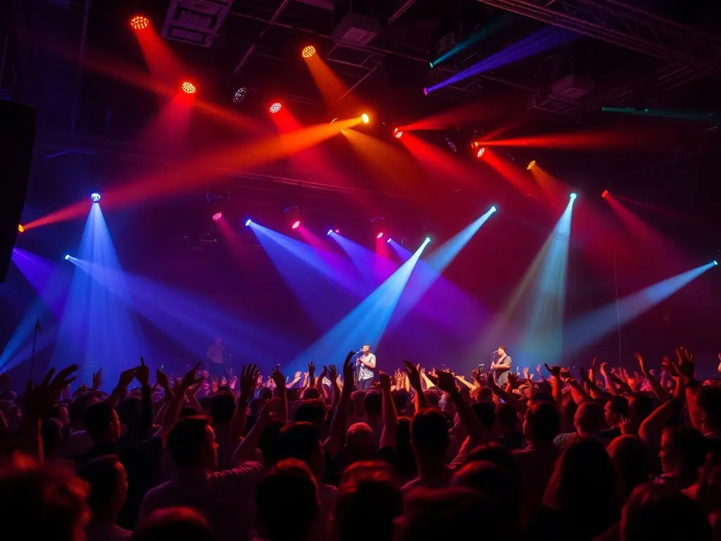 A vibrant image of a live music performance, capturing the energy and excitement of the event, with FauxX performing on stage.