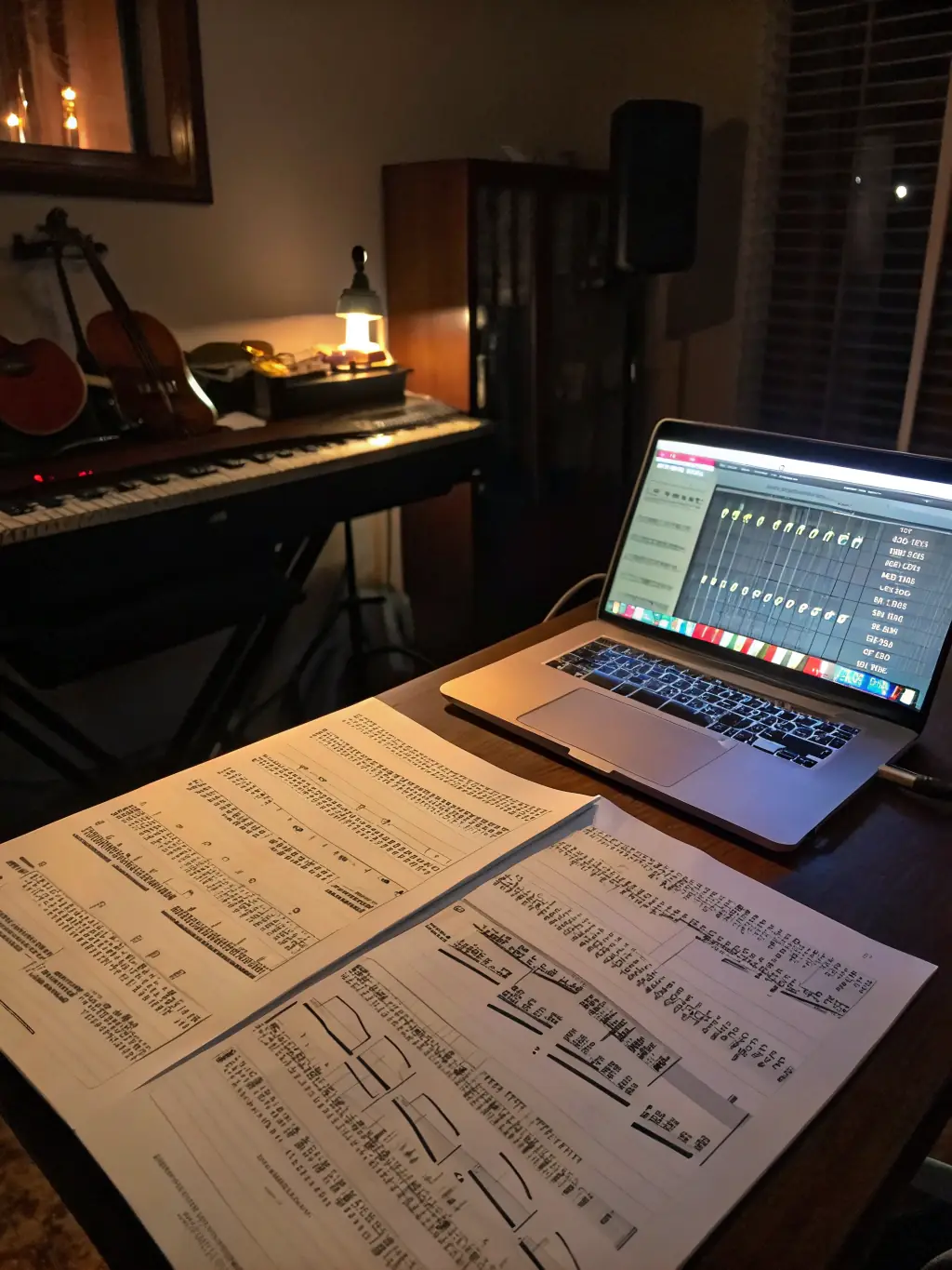 A visually appealing graphic representing music publishing, showcasing sheet music, digital platforms, and legal documents, symbolizing ICON PROPAGANDA's comprehensive publishing services for its artists.