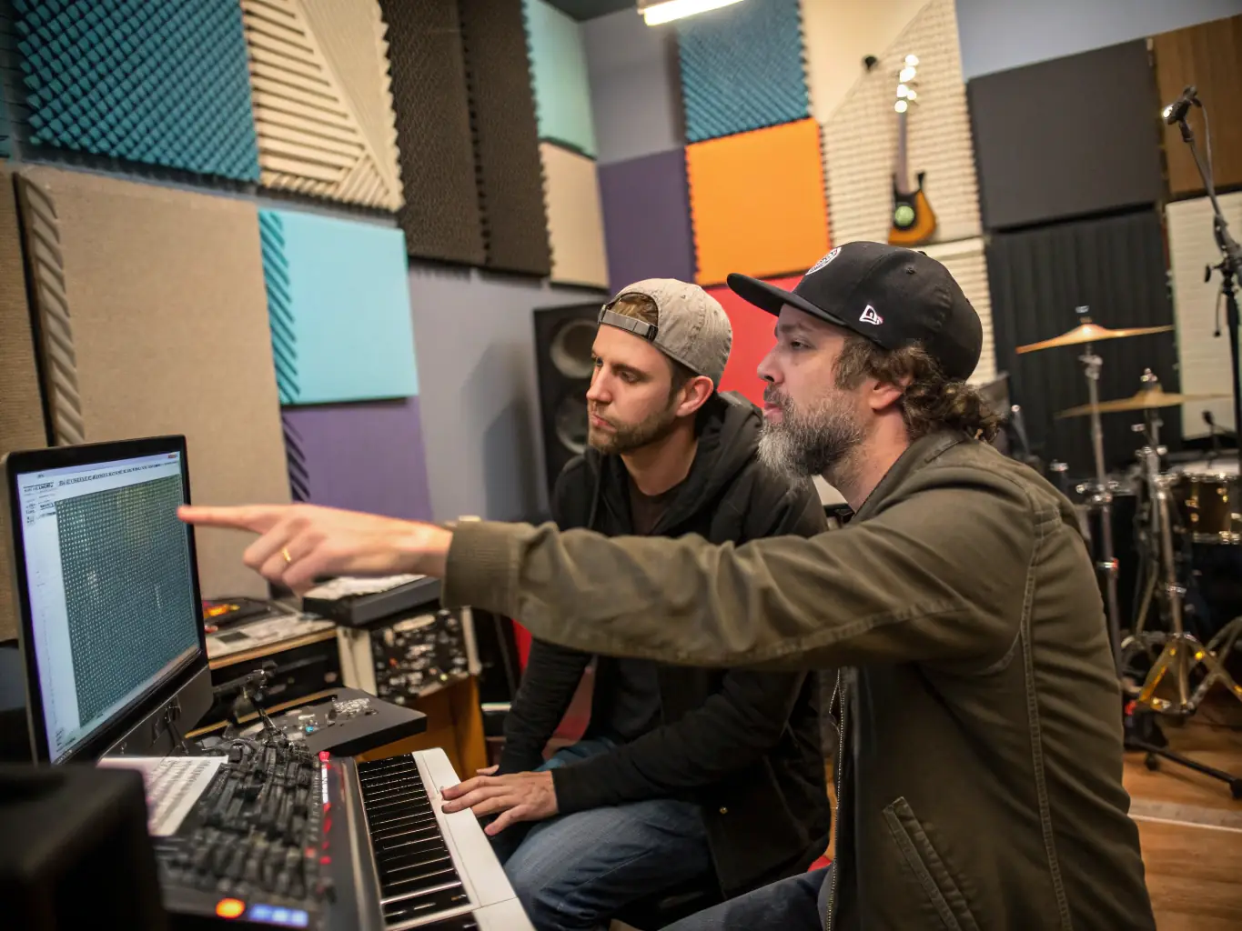 A behind-the-scenes shot of a recording session, showcasing the collaborative process between artists and producers at ICON PROPAGANDA.