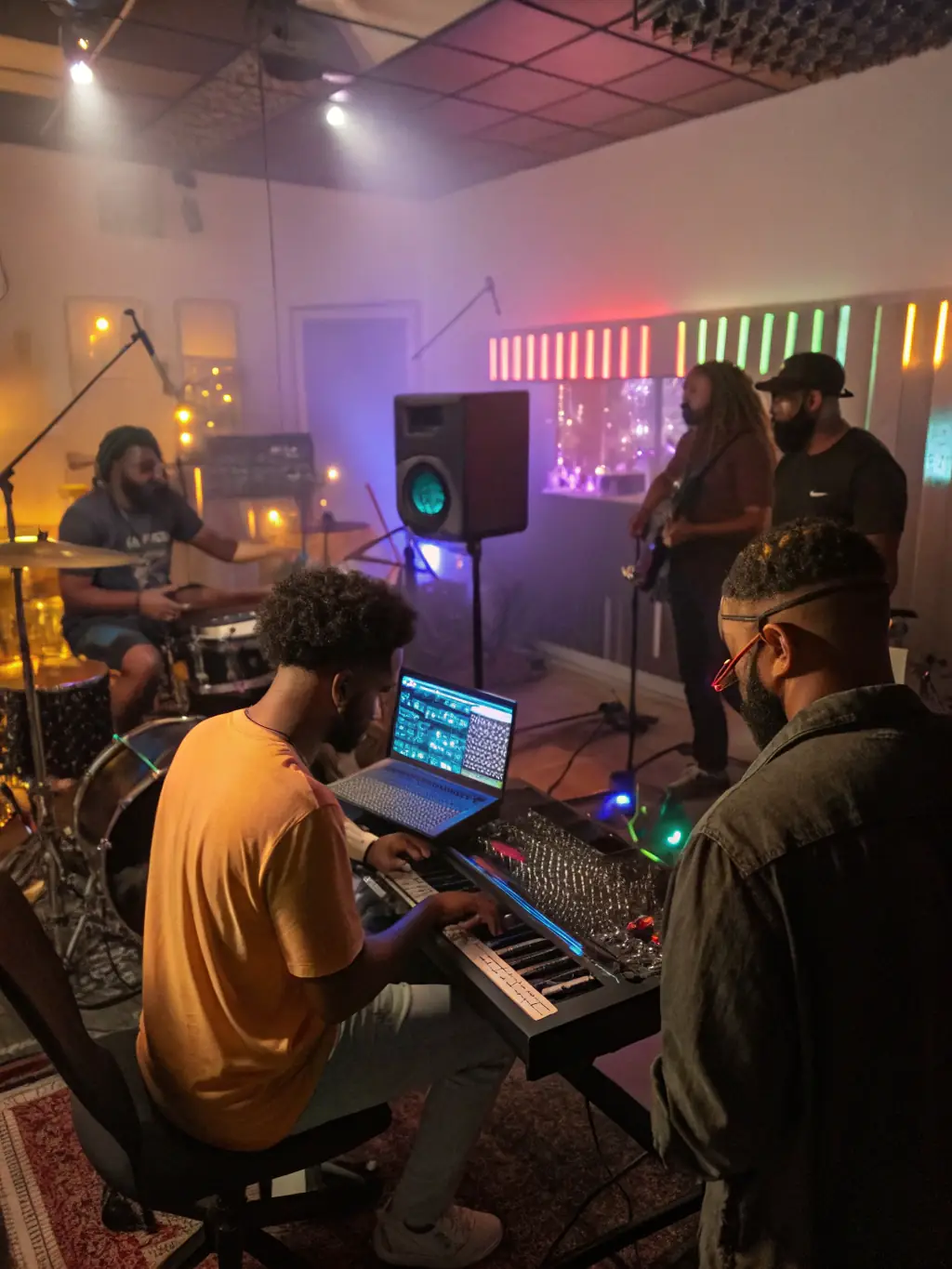 A vibrant image of a recording session in progress, featuring FauxX members collaborating with sound engineers in a professional studio setting, capturing the energy and creativity of the music production process at ICON PROPAGANDA.